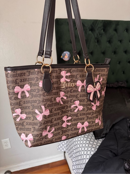 Juicy Couture Handbags - Juicy Couture Brown Monogram Tote with Pink Bow Accents